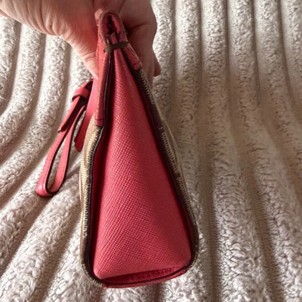 Coach Signature Canvas Saffiano Leather Wristlet Coral Pink Khaki 52860 - Picture 13 of 15